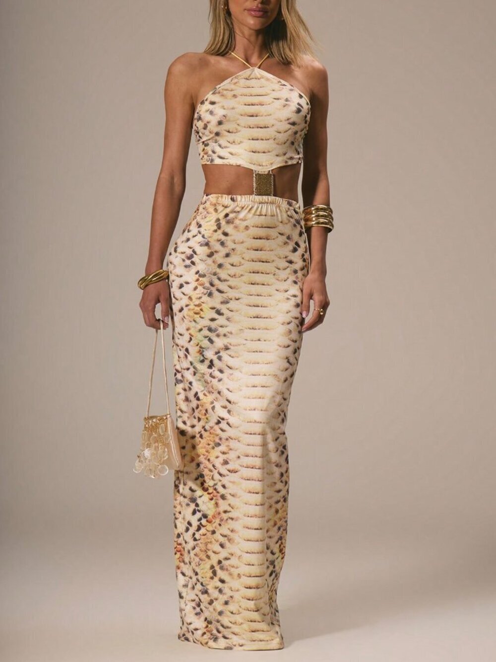 Sexy animal print Womens Cut out waist halter maxi dress